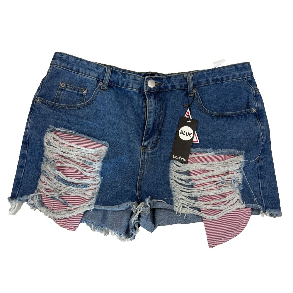 Boohoo Blue Distressed‎ Denim Shorts Womens 14 38x3 High Rise NEW